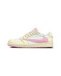 Jordan 1 Low Travis Scott Tropical Pink em vista lateral sobre fundo claro