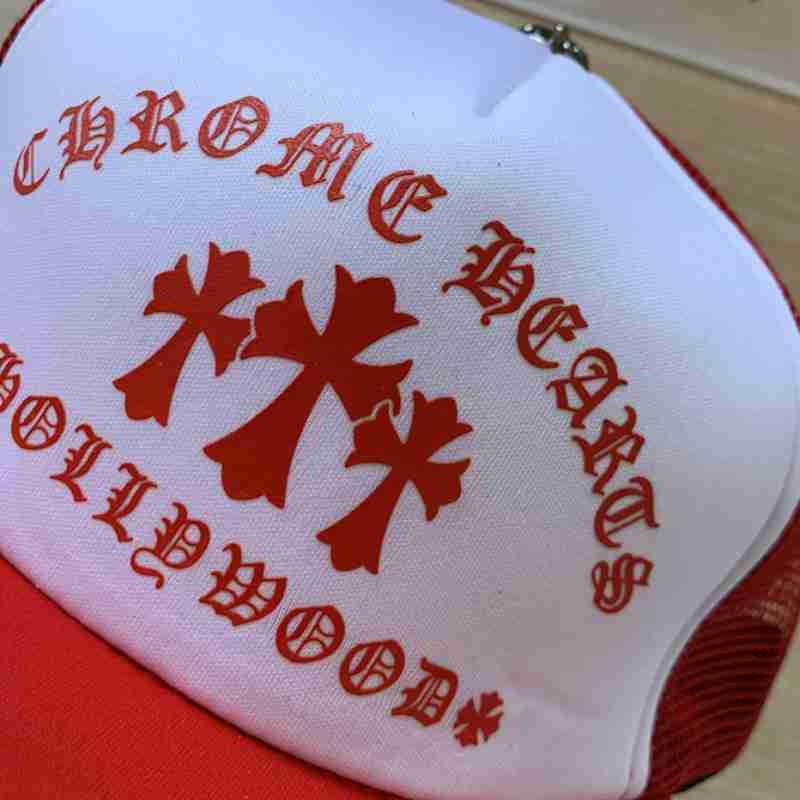 Boné Chrome Hearts King Taco Trucker Vermelho Branco - ângulo superior 1:1 fundo branco