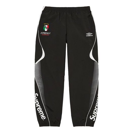 Calça Supreme x Umbro Track Pant Black White - vista frontal 1:1 fundo branco