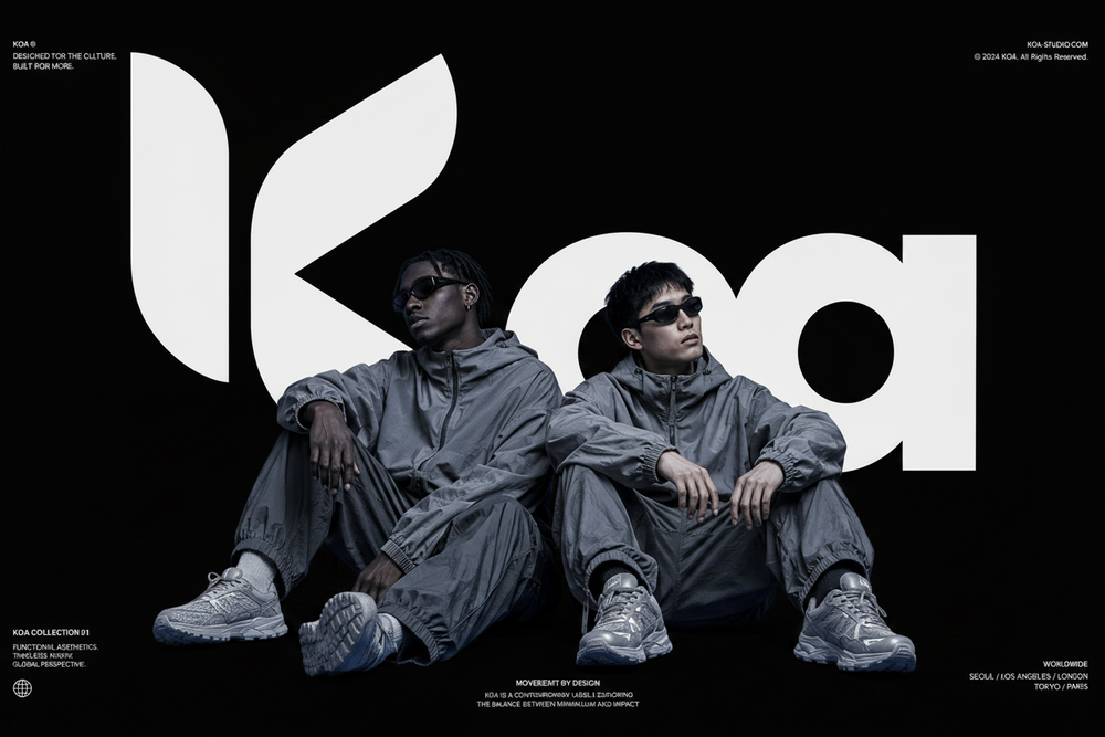 Editorial KOA — moda urbana em preto e branco
