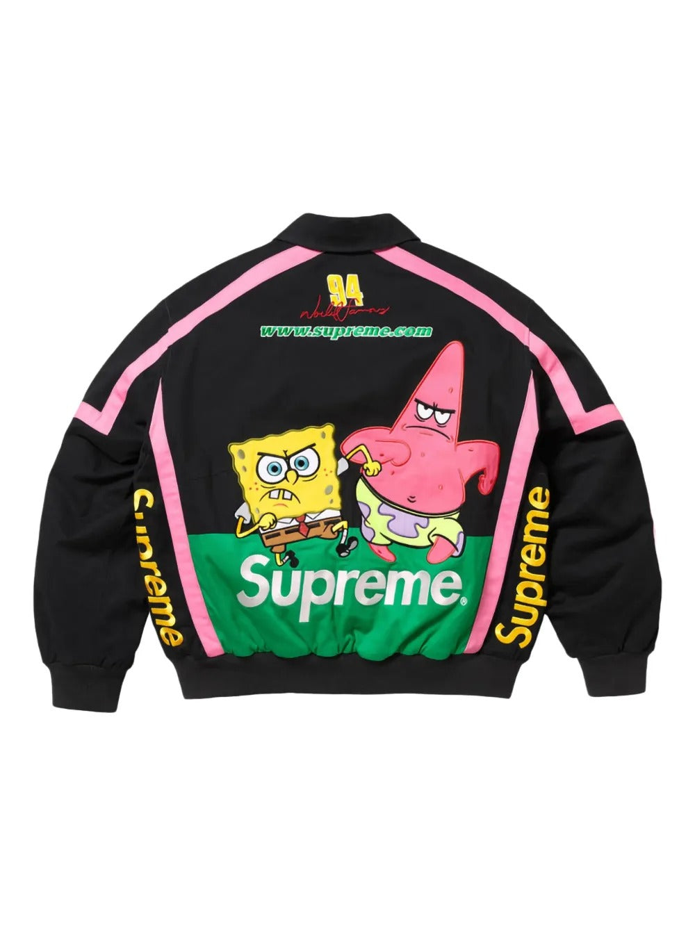 Supreme x SpongeBob Racing Jacket - Vista traseira com Bob Esponja e Patrick