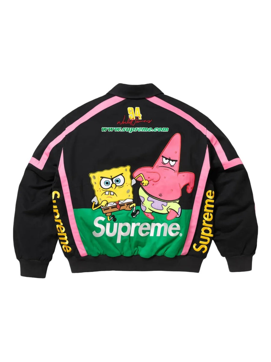 Supreme x SpongeBob Racing Jacket - Vista traseira com Bob Esponja e Patrick