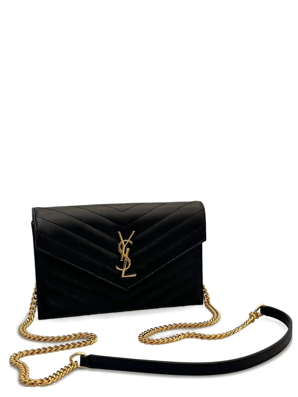 Saint Laurent Cassandre Envelope Chevron Preta - vista lateral com corrente
