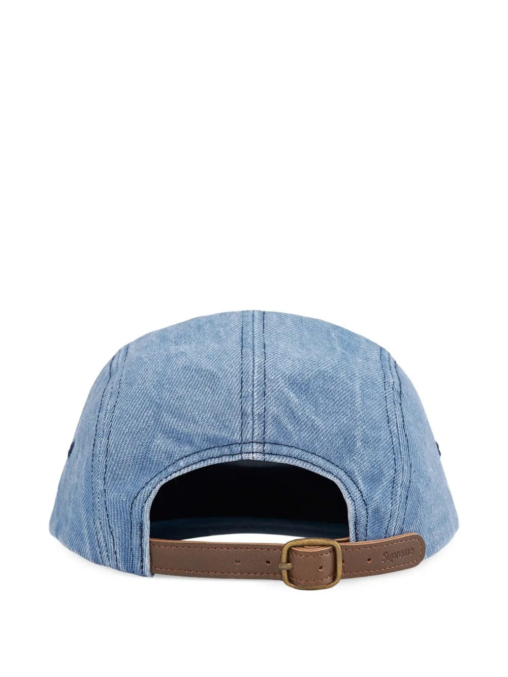 Supreme Denim Camp Cap Light Blue – traseira com ajuste em couro