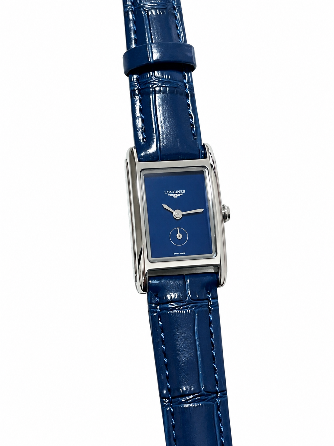 Relógio Longines Retangular Azul — vista frontal — fundo branco