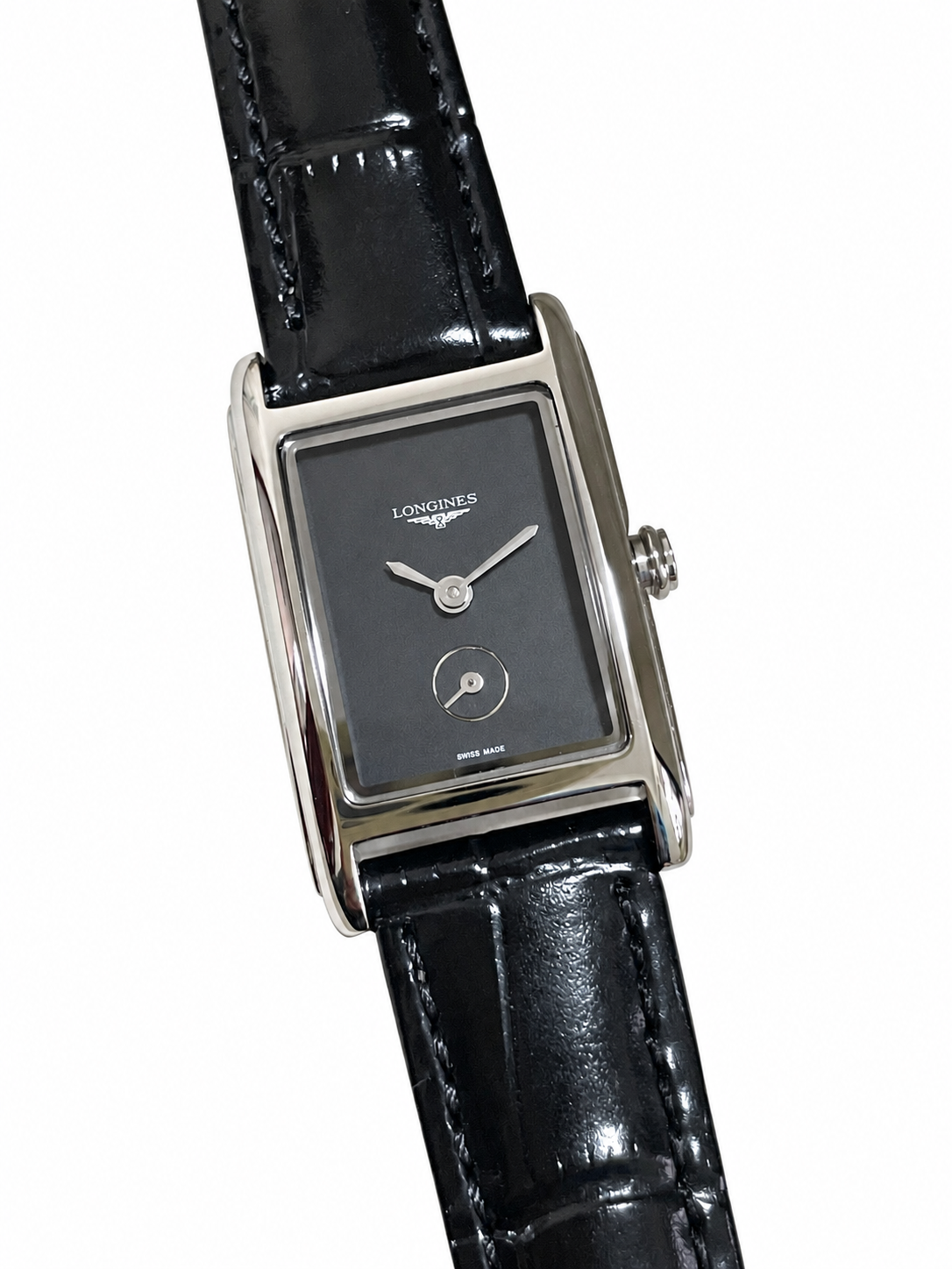 Relógio Longines Retangular Preto — vista frontal — fundo branco