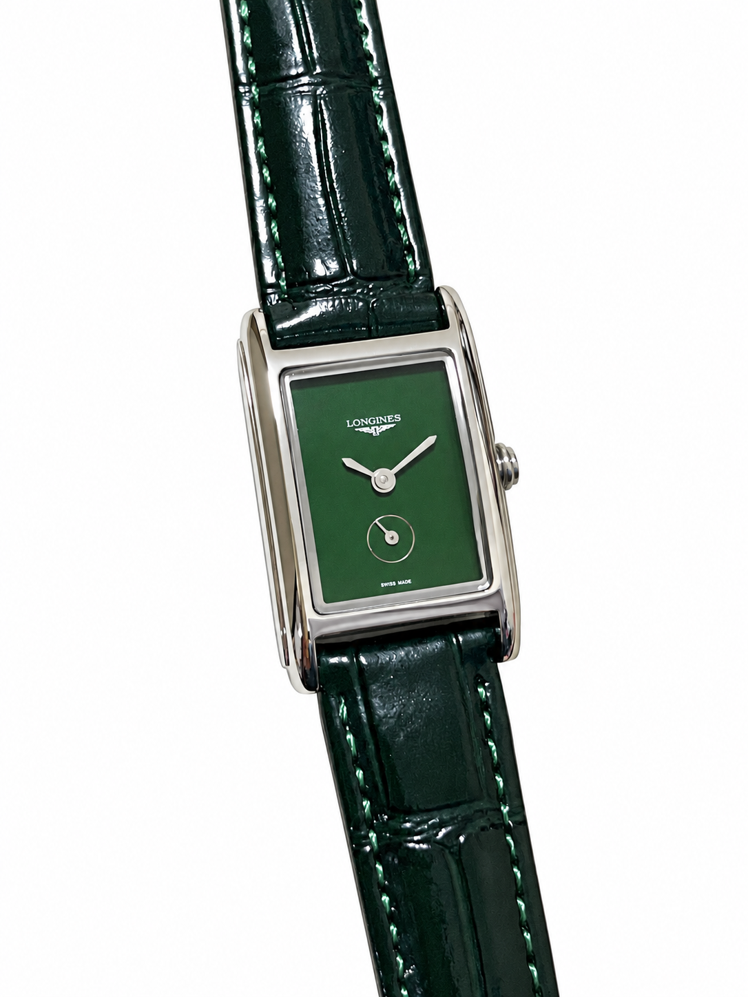 Relógio Longines Retangular Verde — vista frontal — fundo branco