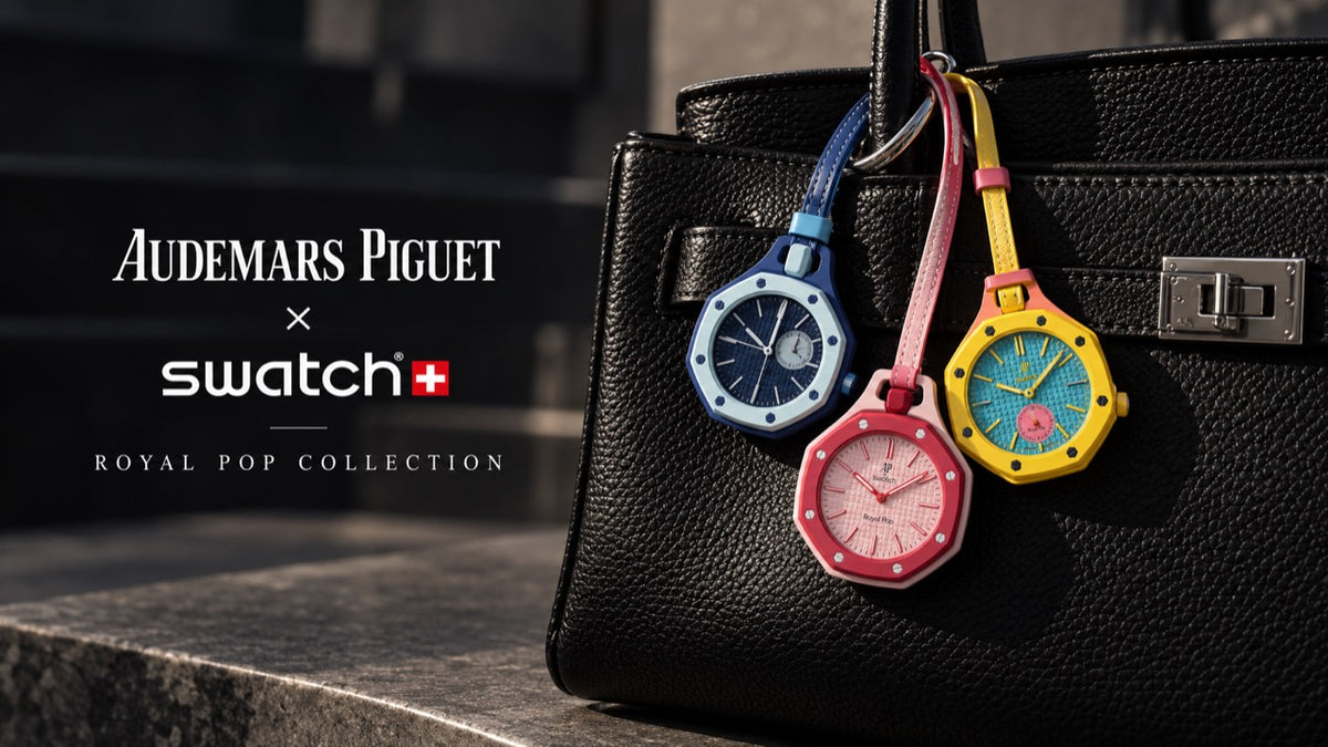 Audemars Piguet x Swatch Royal Pop com três relógios em bolsa preta
